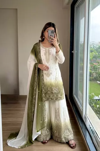 Olive And White Color Embroidery Work Georgette  Salwar Suit