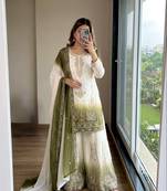 Olive And White Color Embroidery Work Georgette  Salwar Suit