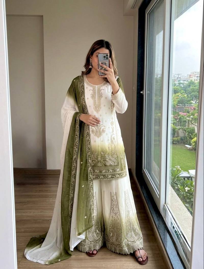 Olive And White Color Embroidery Work Georgette  Salwar Suit
