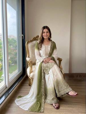 Olive And White Color Embroidery Work Georgette  Salwar Suit 2