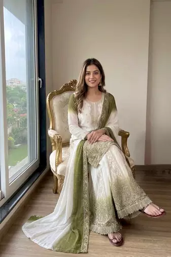 Olive And White Color Embroidery Work Georgette  Salwar Suit