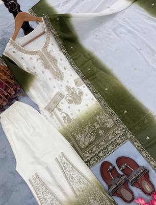 Olive And White Color Embroidery Work Georgette  Salwar Suit 3