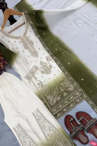 Olive And White Color Embroidery Work Georgette  Salwar Suit