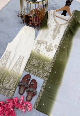 Olive And White Color Embroidery Work Georgette  Salwar Suit 4