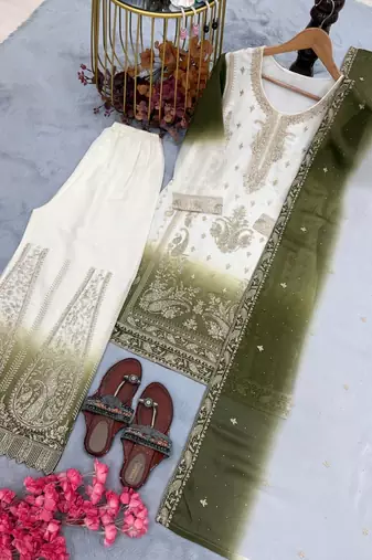 Olive And White Color Embroidery Work Georgette  Salwar Suit