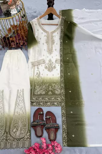 Olive And White Color Embroidery Work Georgette  Salwar Suit