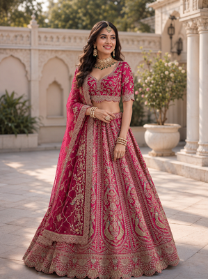 rani pink color Embroidered Detailed Thread Sequins and Diamond work Satin Lehenga Choli set 1