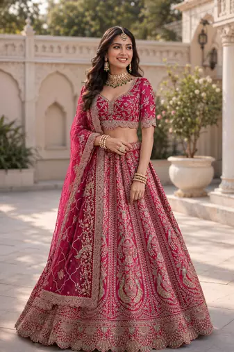 rani pink color Embroidered Detailed Thread Sequins and Diamond work Satin Lehenga Choli set
