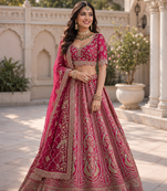 rani pink color Embroidered Detailed Thread Sequins and Diamond work Satin Lehenga Choli set