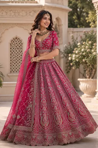 rani pink color Embroidered Detailed Thread Sequins and Diamond work Satin Lehenga Choli set