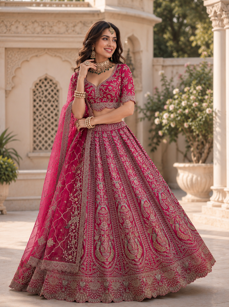 rani pink color Embroidered Detailed Thread Sequins and Diamond work Satin Lehenga Choli set