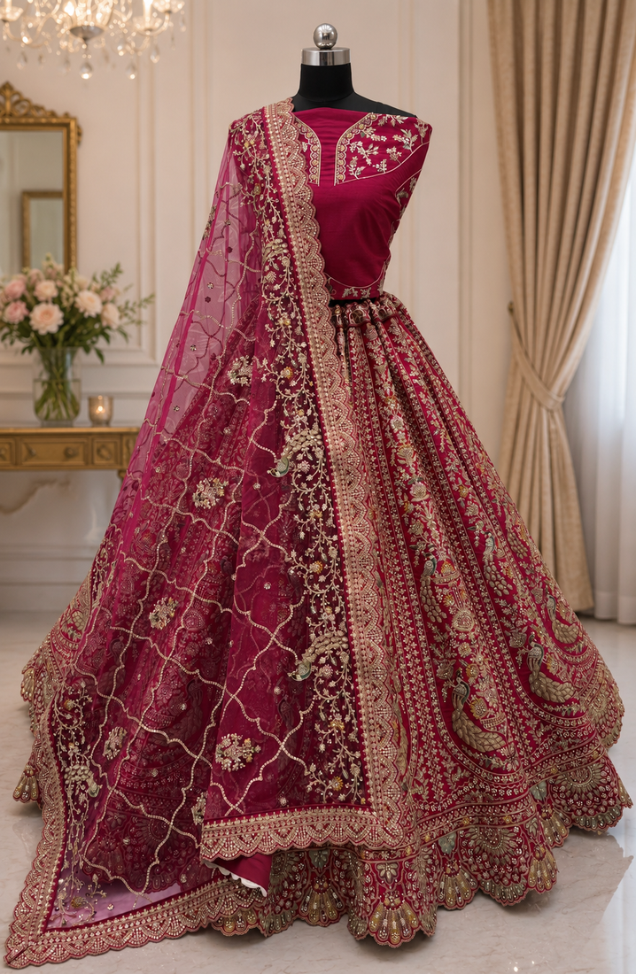 rani pink color Embroidered Detailed Thread Sequins and Diamond work Satin Lehenga Choli set