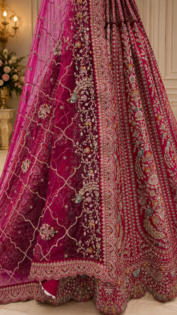 rani pink color Embroidered Detailed Thread Sequins and Diamond work Satin Lehenga Choli set