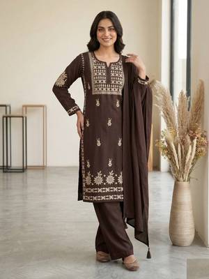 brown color embroidery  work rayon salwar suit 1