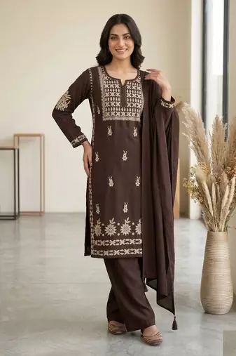 brown color embroidery  work rayon salwar suit