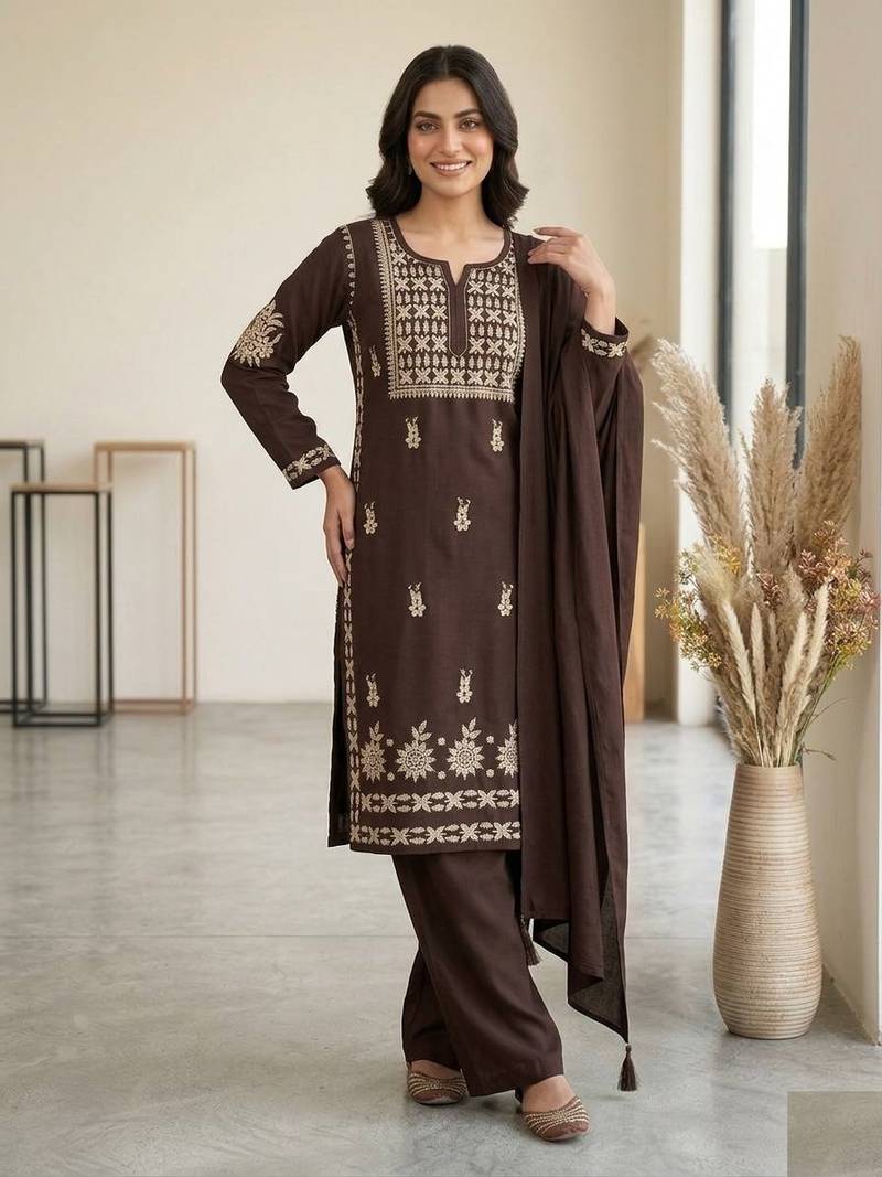 brown color embroidery  work rayon salwar suit