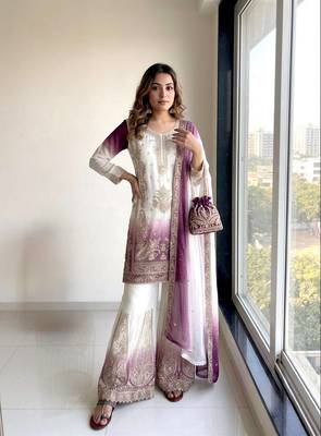 Purple  And White Color Embroidery Work Georgette  Salwar Suit 1