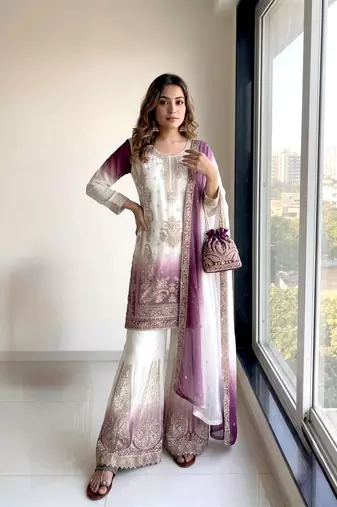 Purple  And White Color Embroidery Work Georgette  Salwar Suit
