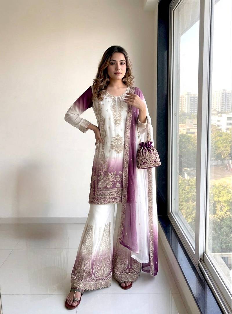 Purple  And White Color Embroidery Work Georgette  Salwar Suit