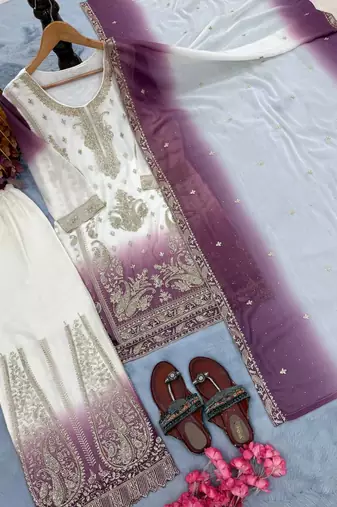 Purple  And White Color Embroidery Work Georgette  Salwar Suit