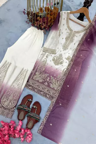 Purple  And White Color Embroidery Work Georgette  Salwar Suit