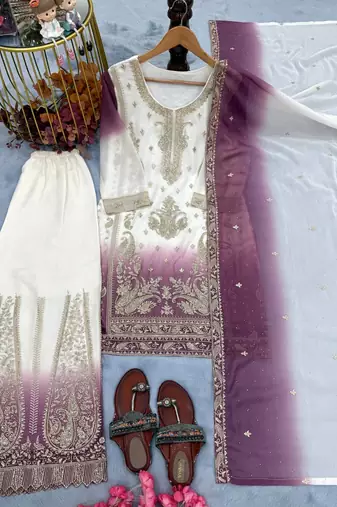 Purple  And White Color Embroidery Work Georgette  Salwar Suit