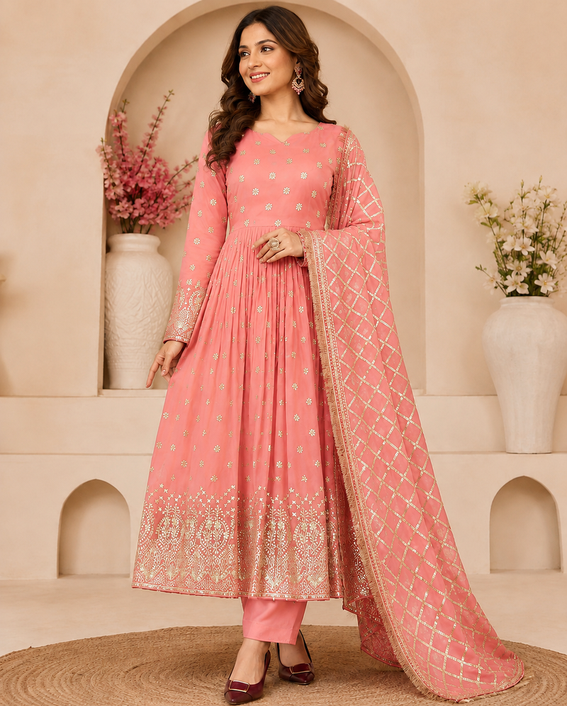 light orange color hevvy sequins emrodery work faux georgette gown set