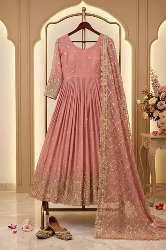 light orange color hevvy sequins emrodery work faux georgette gown set