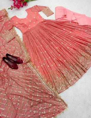 light orange color hevvy sequins emrodery work faux georgette gown set 3