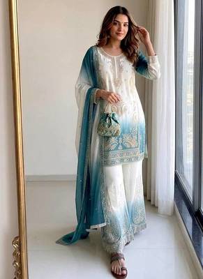 Teal  And White Color Embroidery Work Georgette  Salwar Suit 1