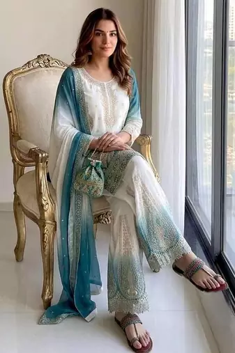 Teal  And White Color Embroidery Work Georgette  Salwar Suit
