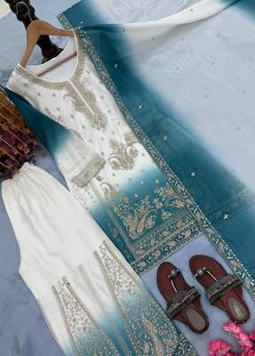 Teal  And White Color Embroidery Work Georgette  Salwar Suit 3