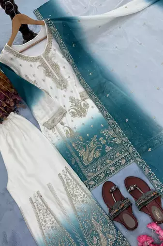 Teal  And White Color Embroidery Work Georgette  Salwar Suit