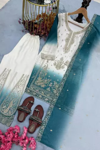 Teal  And White Color Embroidery Work Georgette  Salwar Suit