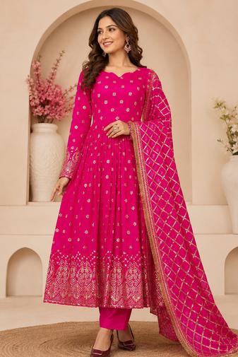 rani pink color hevvy sequins emrodery work faux georgette gown set