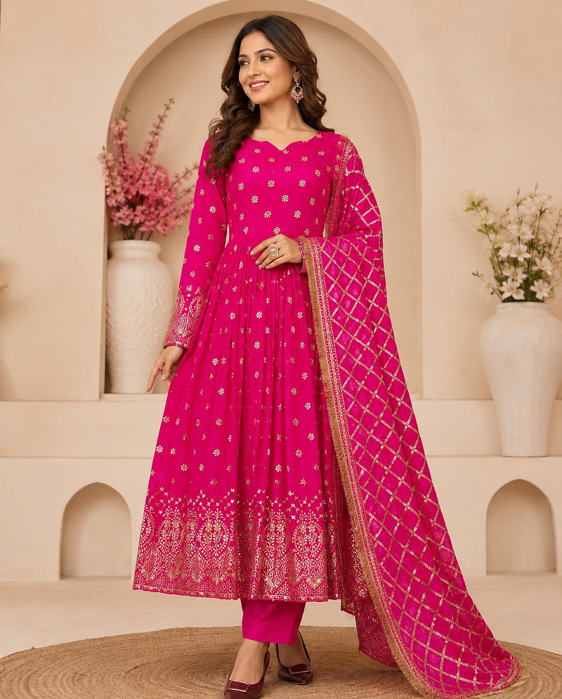 rani pink color hevvy sequins emrodery work faux georgette gown set