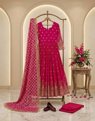 rani pink color hevvy sequins emrodery work faux georgette gown set 2