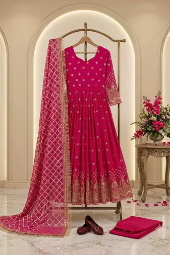 rani pink color hevvy sequins emrodery work faux georgette gown set