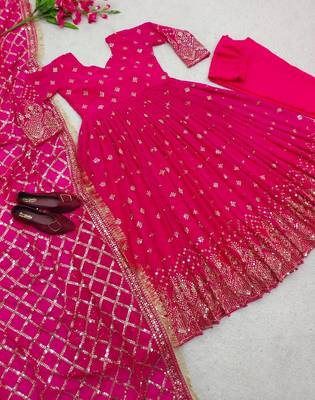 rani pink color hevvy sequins emrodery work faux georgette gown set 3