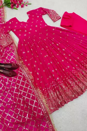 rani pink color hevvy sequins emrodery work faux georgette gown set