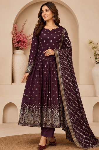 wine color hevvy sequins emrodery work faux georgette gown set