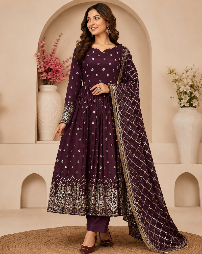 wine color hevvy sequins emrodery work faux georgette gown set