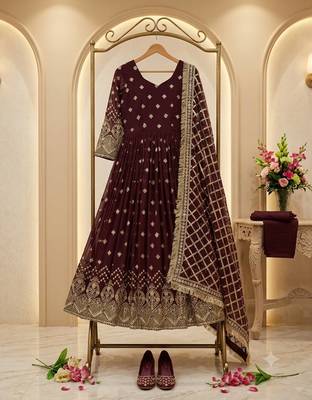 wine color hevvy sequins emrodery work faux georgette gown set 2