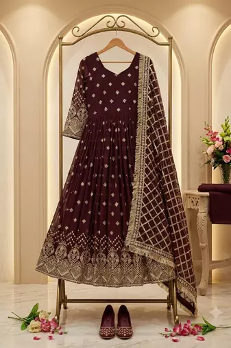 wine color hevvy sequins emrodery work faux georgette gown set