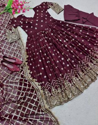 wine color hevvy sequins emrodery work faux georgette gown set 3
