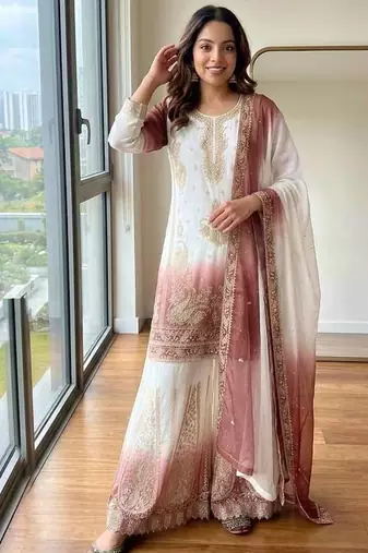 White Color Embroidery Work Georgette  Salwar Suit