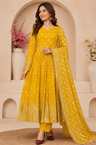 yellow color hevvy sequins emrodery work faux georgette gown set