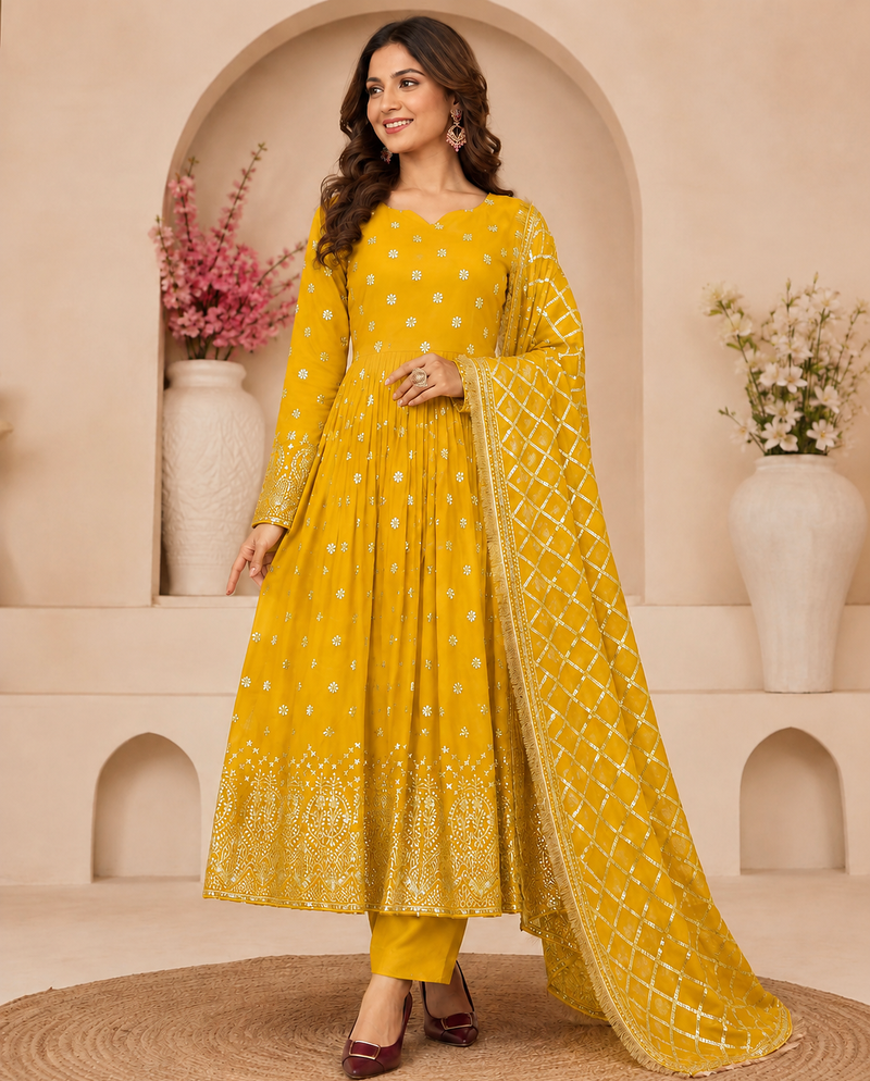 yellow color hevvy sequins emrodery work faux georgette gown set