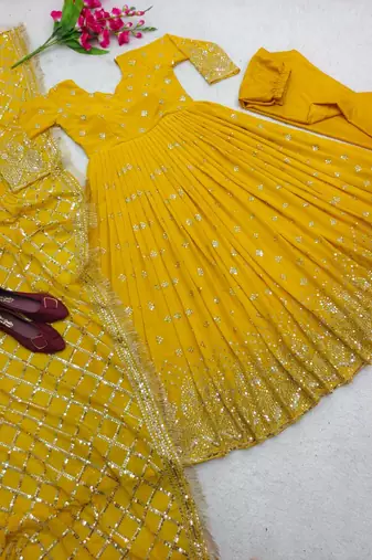 yellow color hevvy sequins emrodery work faux georgette gown set