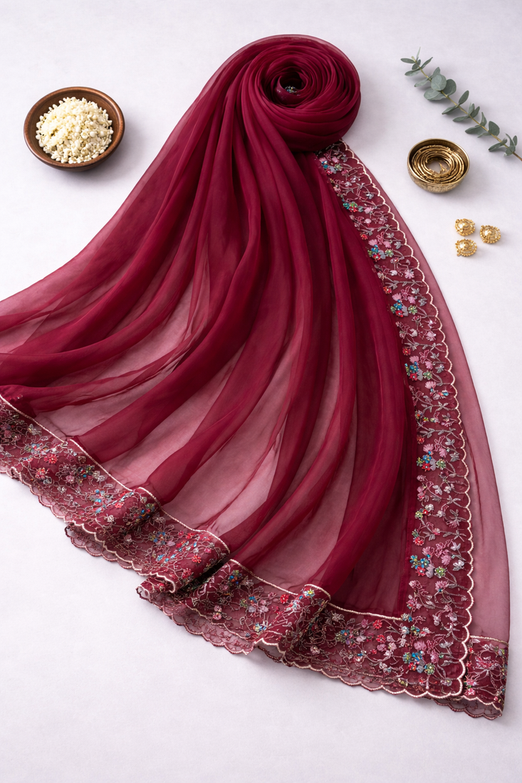Maroon embroidered dupatta